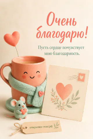 Розовая кружка с улыбкой и сердечком, маленький мышонок и конверт с надписью Очень благодарю