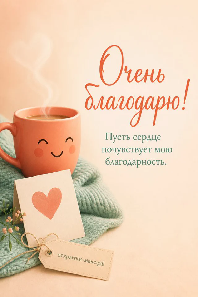 Розовая кружка с улыбкой и сердечком, маленький мышонок и конверт с надписью Очень благодарю — вариант 3