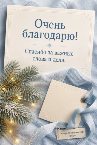 Открытка «Очень благодарю» с заснеженной еловой веткой и гирляндой на голубой ткани