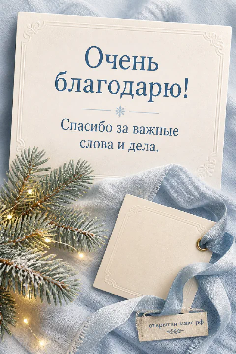Открытка «Очень благодарю» с заснеженной еловой веткой и гирляндой на голубой ткани
