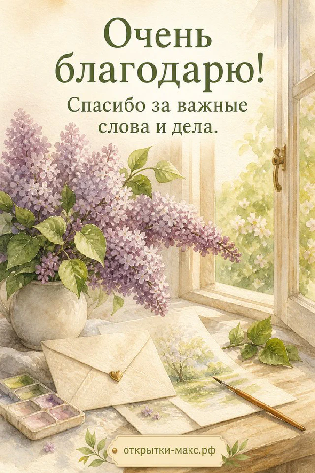 Открытка «Очень благодарю» с заснеженной еловой веткой и гирляндой на голубой ткани — вариант 2