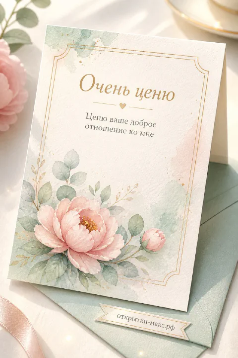 Акварельная открытка с розовым пионом на мятном конверте и золотой рамкой на белом фоне