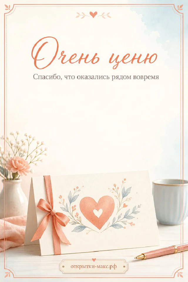 Открытка с жёлтыми подсолнухами и голубой атласной лентой с надписью Очень ценю на белом фоне — вариант 2
