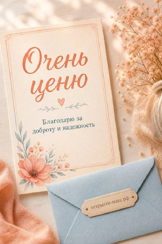 Открытка с ботаническими ветками и красными ягодами на стоячей карточке рядом с конвертом и свечой в стеклянном подсвечнике — вариант 2