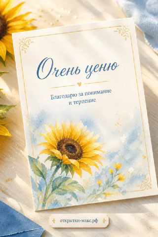 Акварельный подсолнух на голубом фоне с надписью Очень ценю и благодарю за понимание и терпение