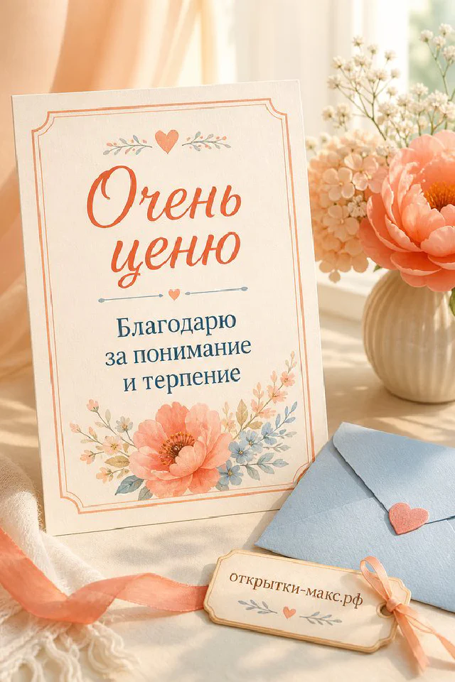 Акварельный подсолнух на голубом фоне с надписью Очень ценю и благодарю за понимание и терпение — вариант 3