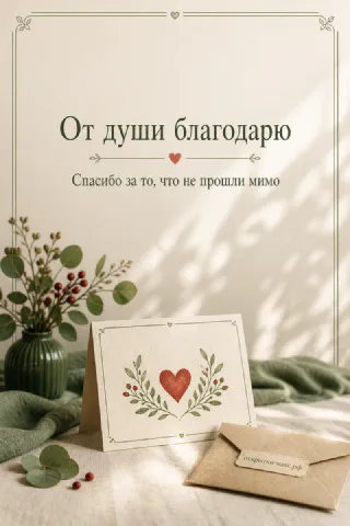 Открытка «От души благодарю» с карточкой в форме листа и зелёными ветками эвкалипта