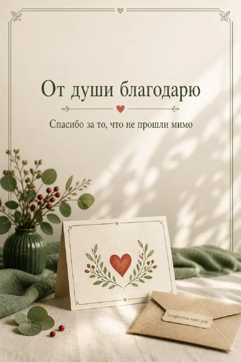 Открытка «От души благодарю» с карточкой в форме листа и зелёными ветками эвкалипта