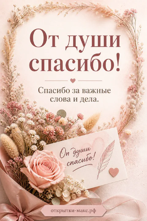 Букет с розой, сухоцветами и карточка «От души спасибо» с перышком на розовом фоне