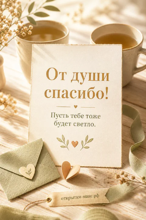 Две кремовые чашки чая с травами рядом с открыткой «От души спасибо» и зелёным конвертом на деревянном столе