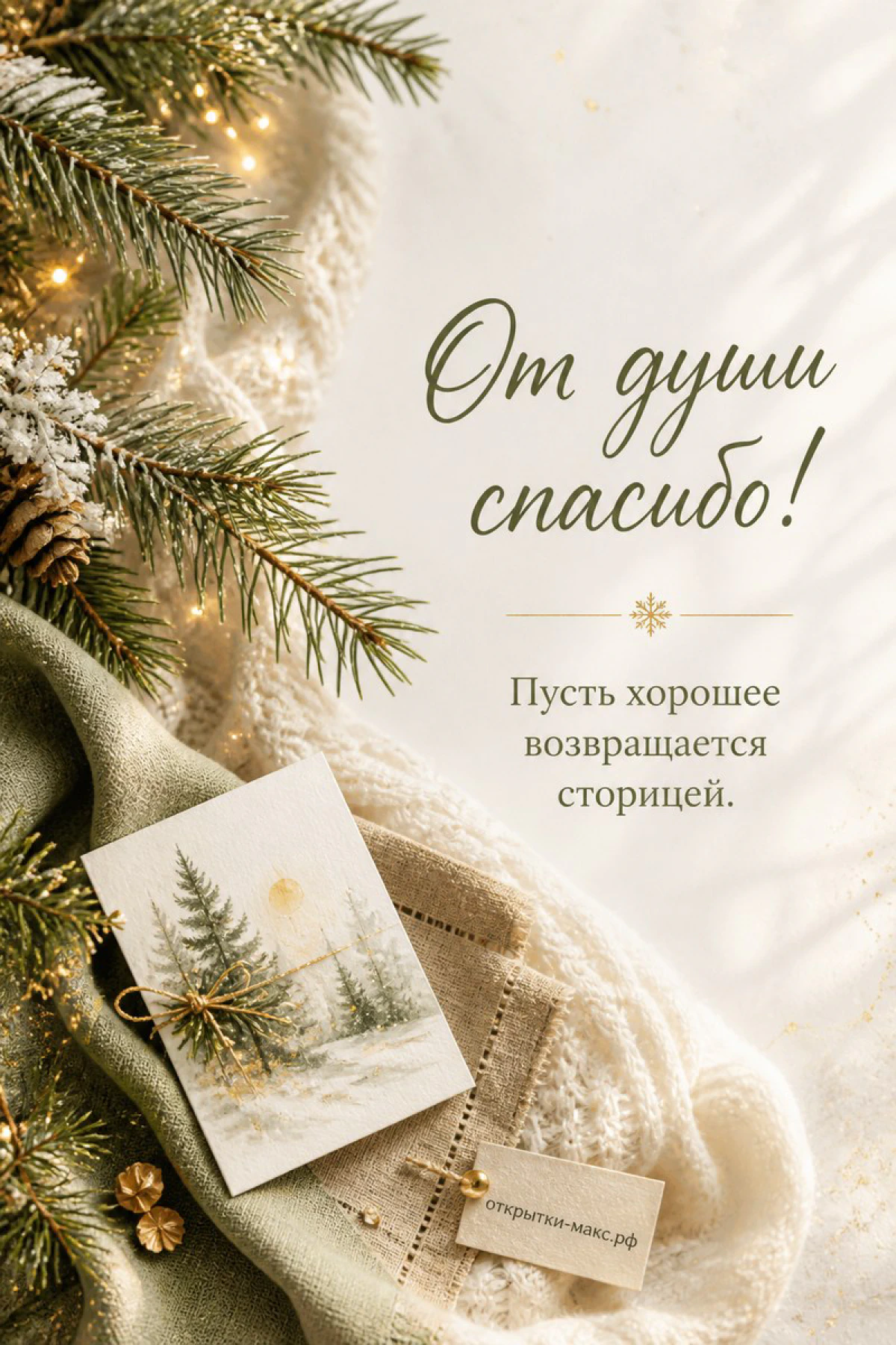 Открытка «От души спасибо» с заснеженными еловыми ветками и гирляндой на белом пледе
