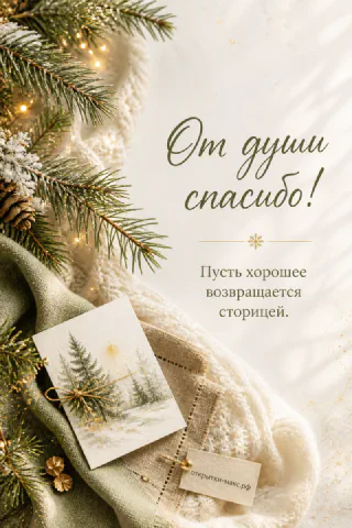 Открытка «От души спасибо» с заснеженными еловыми ветками и гирляндой на белом пледе