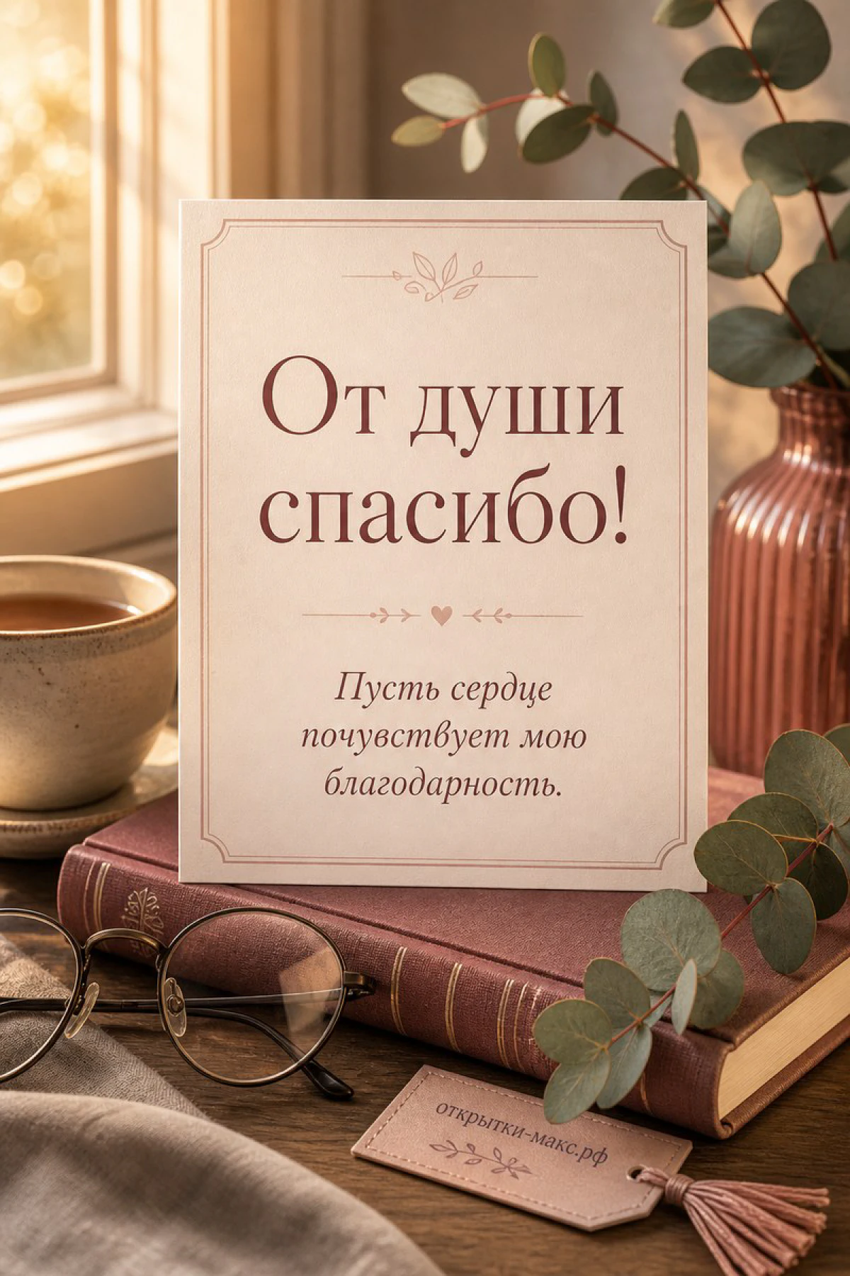 Карточка «От души спасибо!» стоит на стопке книг рядом с очками, чашкой чая и веточкой эвкалипта