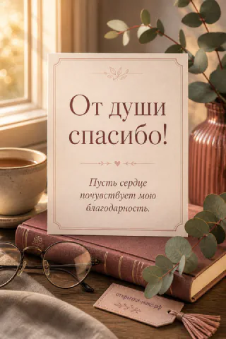 Карточка «От души спасибо!» стоит на стопке книг рядом с очками, чашкой чая и веточкой эвкалипта