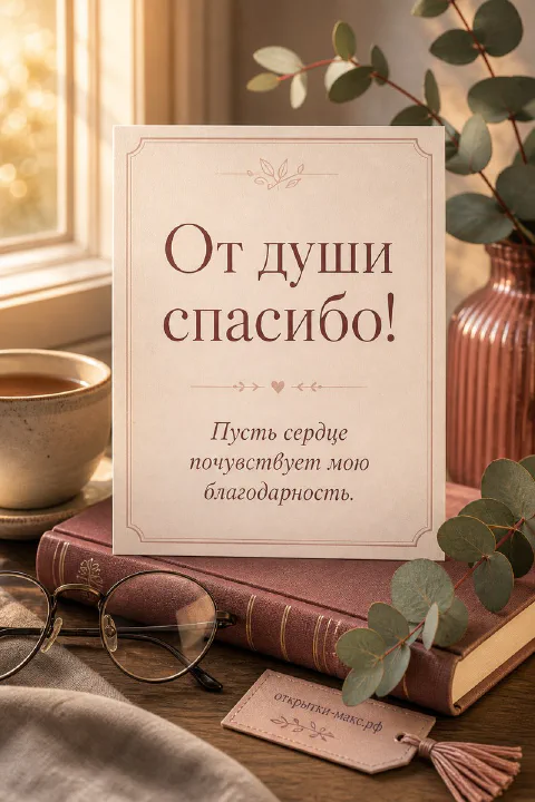 Карточка «От души спасибо!» стоит на стопке книг рядом с очками, чашкой чая и веточкой эвкалипта