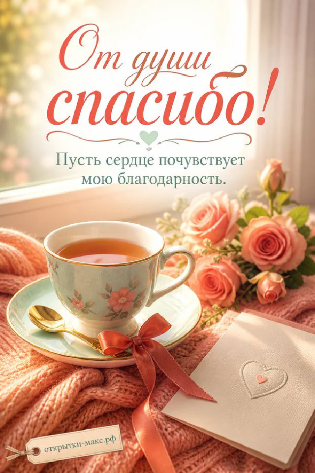 Карточка «От души спасибо!» стоит на стопке книг рядом с очками, чашкой чая и веточкой эвкалипта — вариант 2