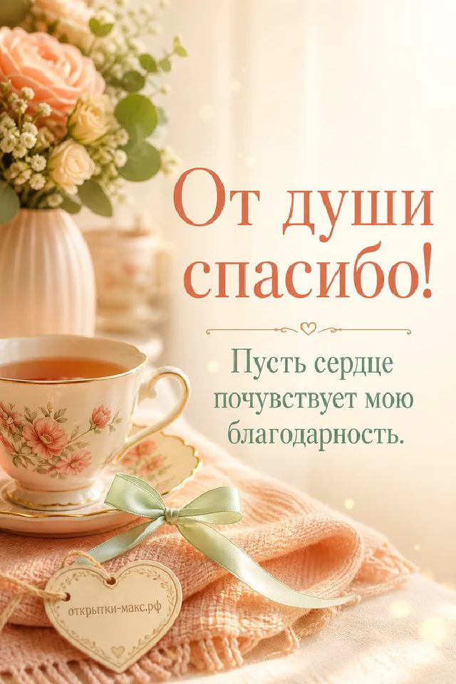 Карточка «От души спасибо!» стоит на стопке книг рядом с очками, чашкой чая и веточкой эвкалипта — вариант 3