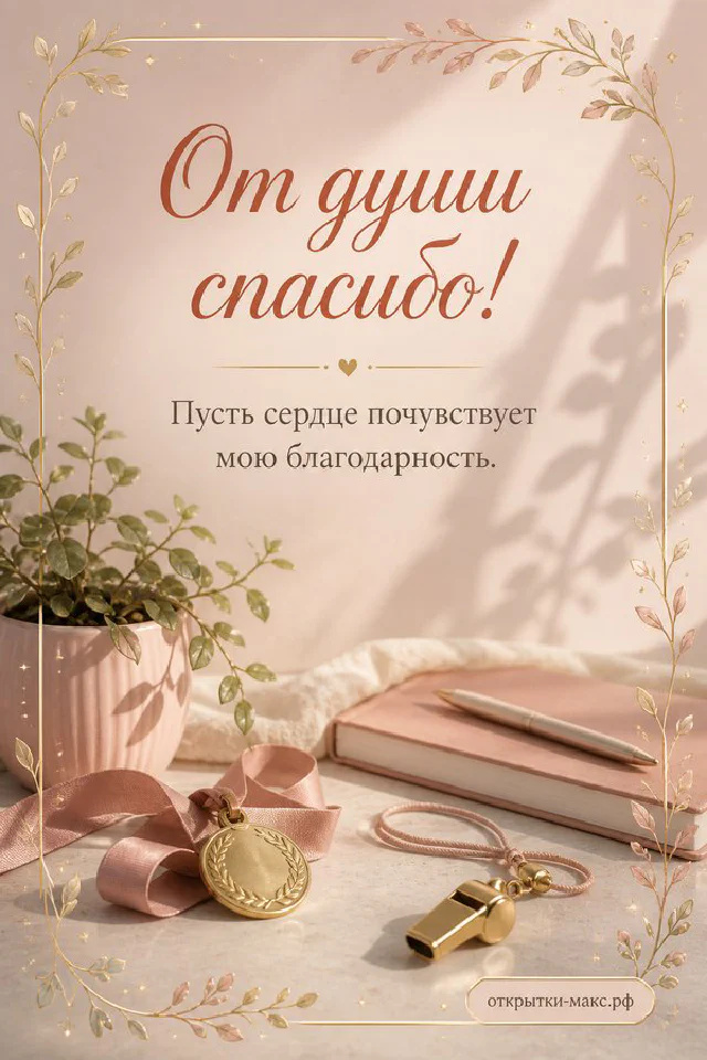 Карточка «От души спасибо!» стоит на стопке книг рядом с очками, чашкой чая и веточкой эвкалипта — вариант 4