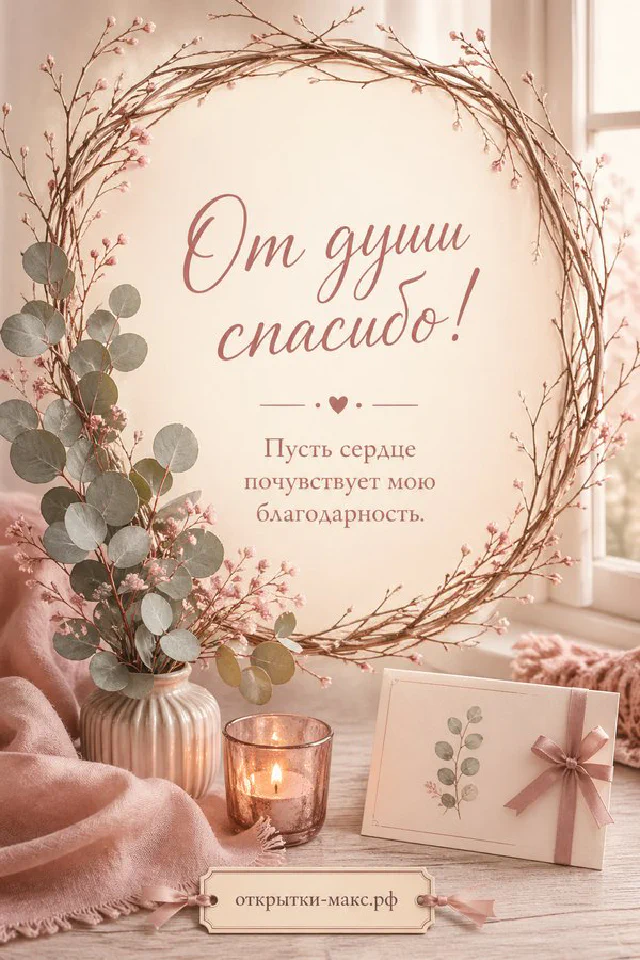 Карточка «От души спасибо!» стоит на стопке книг рядом с очками, чашкой чая и веточкой эвкалипта — вариант 5