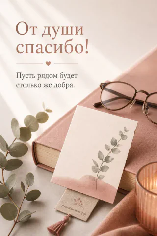 Розовая книга с закладкой и очками рядом со свечой и открыткой «От души спасибо» на пастельном фоне