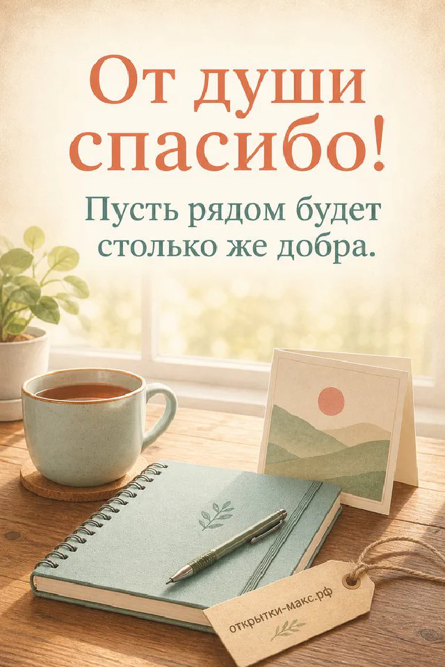 Розовая книга с закладкой и очками рядом со свечой и открыткой «От души спасибо» на пастельном фоне — вариант 2