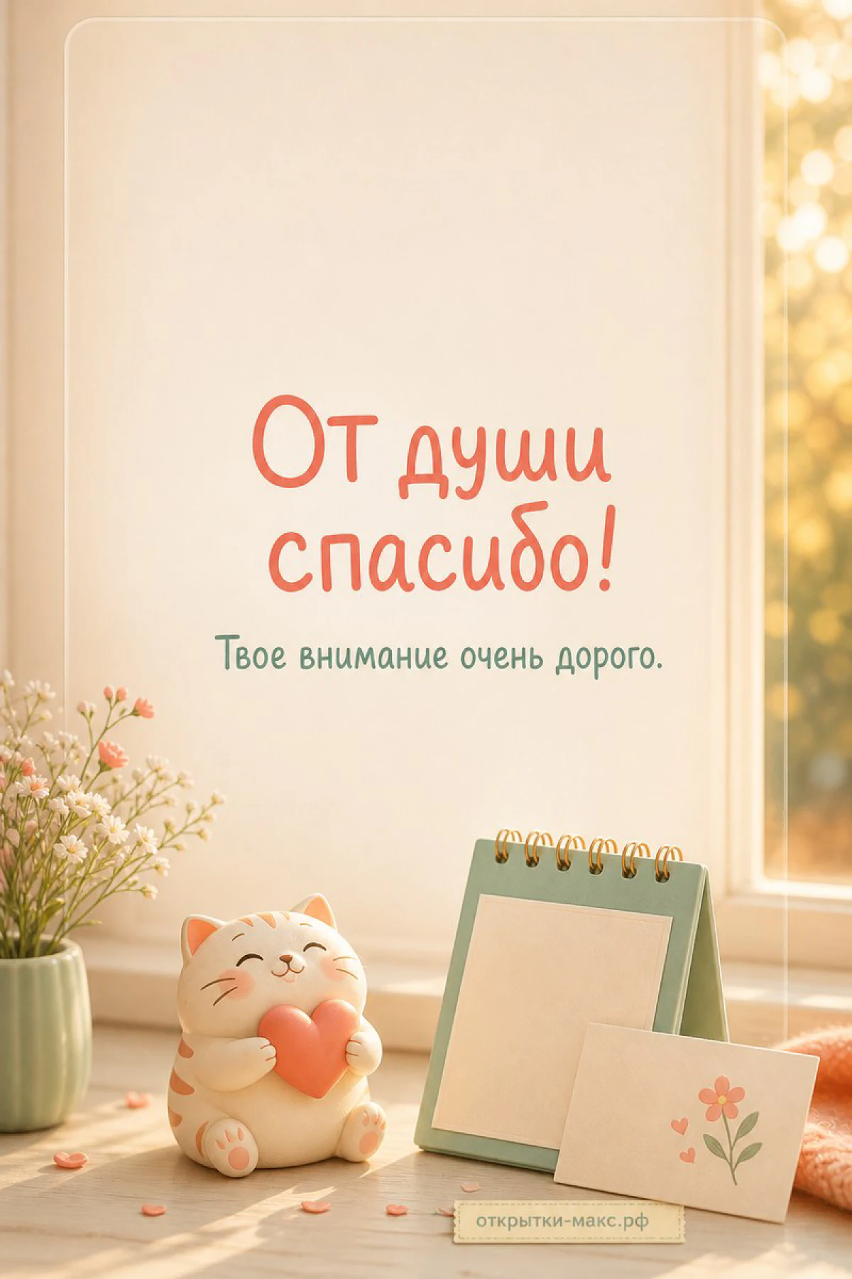 Фигурка рыжего кота с сердечком рядом с настольным блокнотом и цветочной открыткой — «От души спасибо, твоё внимание очень дорого»