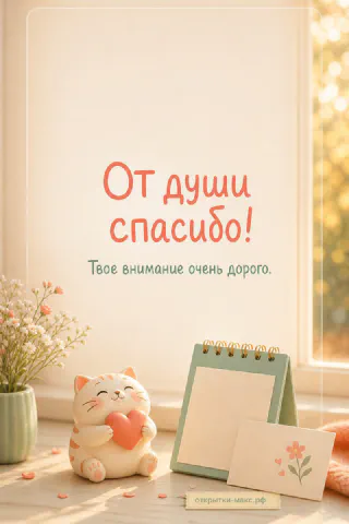 Фигурка рыжего кота с сердечком рядом с настольным блокнотом и цветочной открыткой — «От души спасибо, твоё внимание очень дорого»