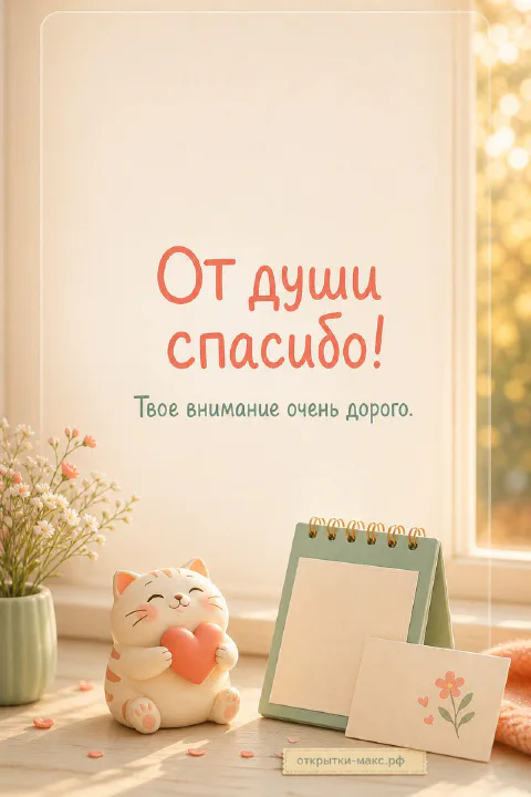 Фигурка рыжего кота с сердечком рядом с настольным блокнотом и цветочной открыткой — «От души спасибо, твоё внимание очень дорого»