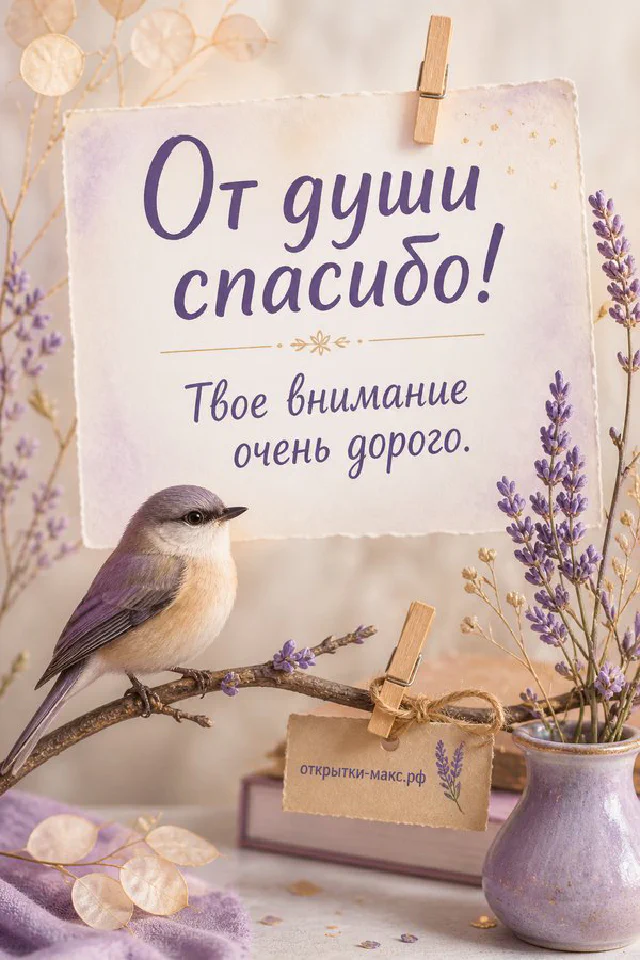 Фигурка рыжего кота с сердечком рядом с настольным блокнотом и цветочной открыткой — «От души спасибо, твоё внимание очень дорого» — вариант 2