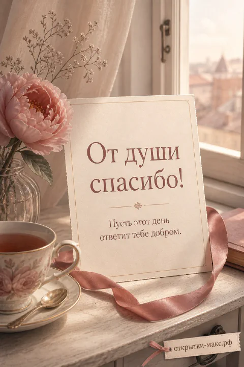 Розовый пион в стеклянной вазе и чашка чая на подоконнике рядом с открыткой «От души спасибо, пусть день ответит добром»