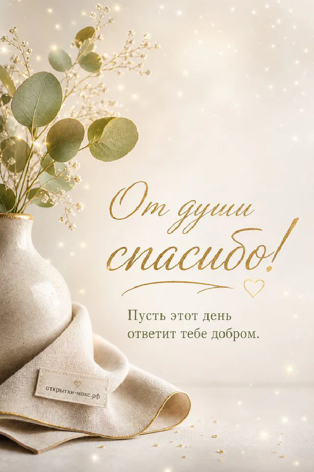 Розовый пион в стеклянной вазе и чашка чая на подоконнике рядом с открыткой «От души спасибо, пусть день ответит добром» — вариант 2