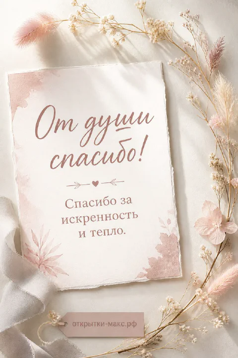 Акварельная бумажная карточка «От души спасибо» с сухоцветами на светлом фоне