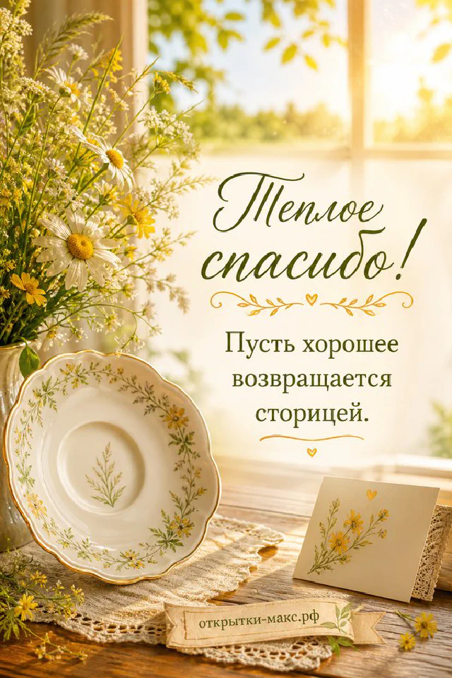 Маленькая коричневая птица на ветке с розовыми листьями, надпись Тёплое спасибо на светлом фоне — вариант 2