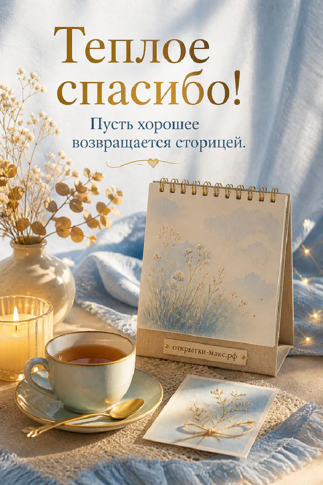 Маленькая коричневая птица на ветке с розовыми листьями, надпись Тёплое спасибо на светлом фоне — вариант 3
