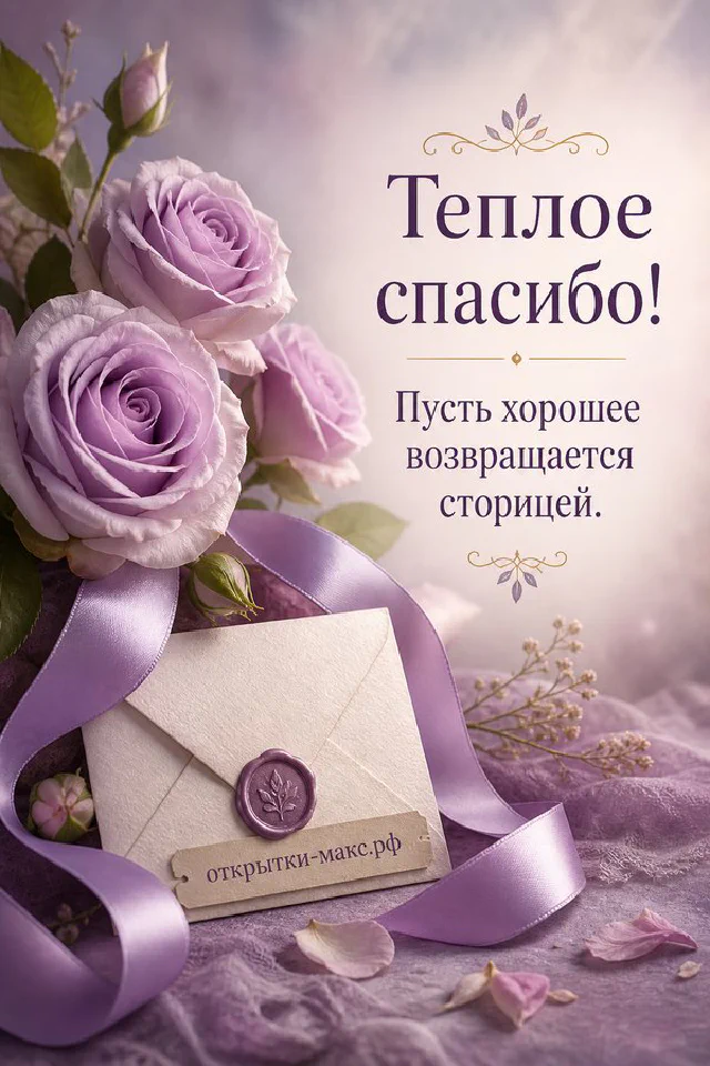 Маленькая коричневая птица на ветке с розовыми листьями, надпись Тёплое спасибо на светлом фоне — вариант 5