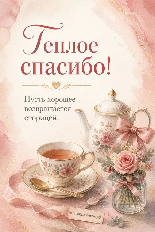 Маленькая коричневая птица на ветке с розовыми листьями, надпись Тёплое спасибо на светлом фоне — вариант 7