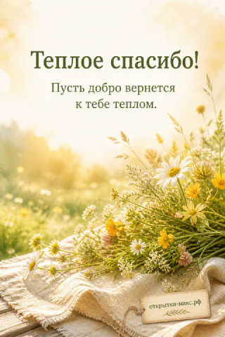 Букет ромашек и жёлтых полевых цветов на деревянном столе в солнечный день с надписью Тёплое спасибо