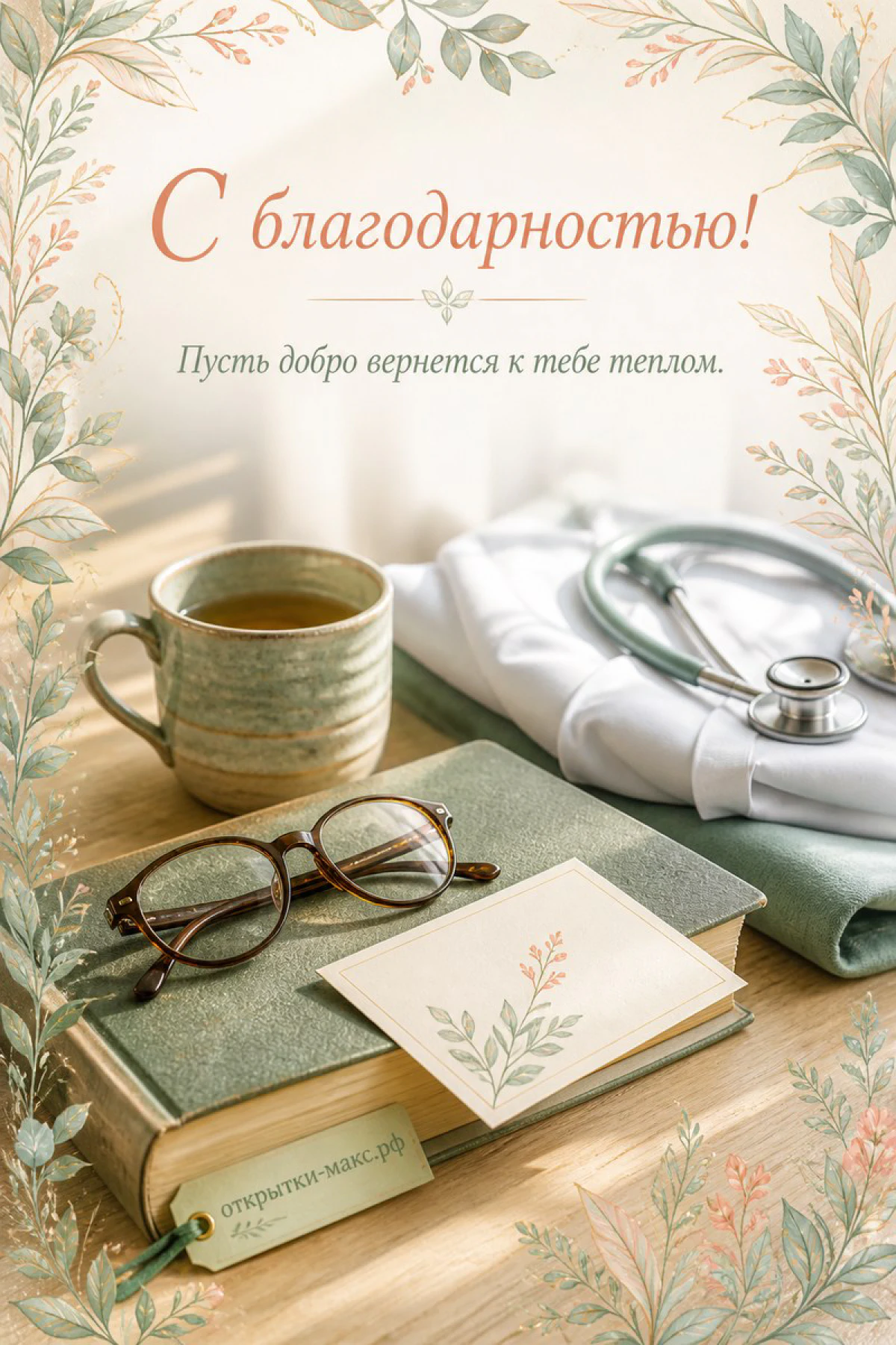 Открытка с чашкой чая, книгой, очками и стетоскопом на деревянном столе с надписью «С благодарностью»
