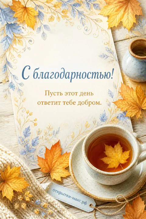 Осенняя открытка с кленовыми листьями, чашкой чая и акварельными ветками на белом фоне