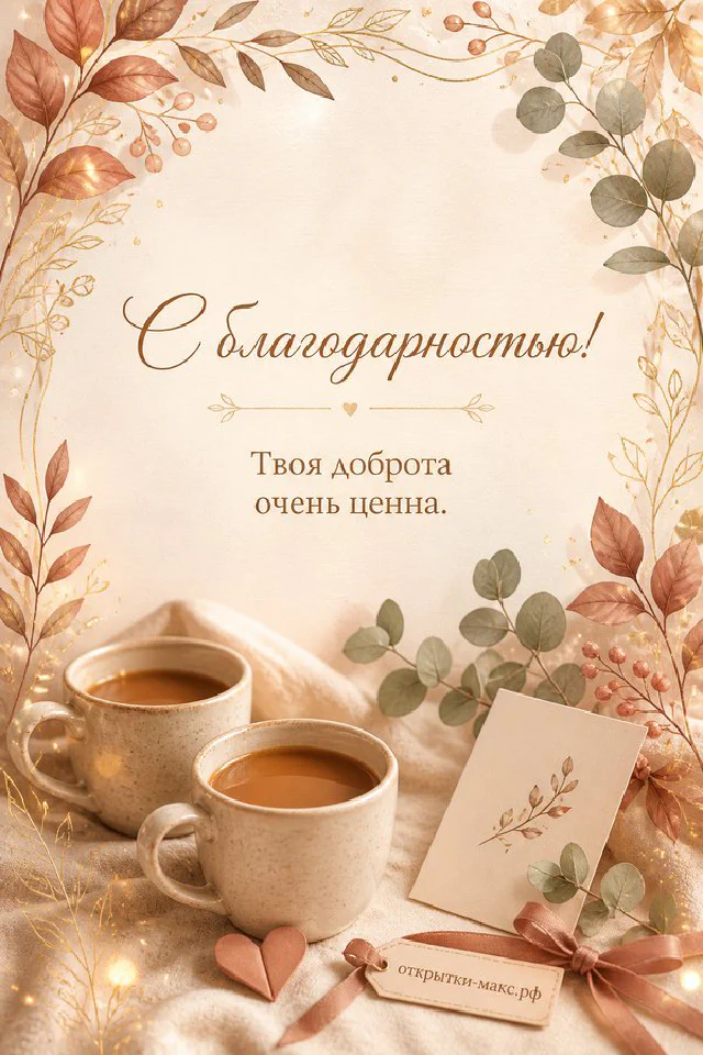 Голубая зимняя открытка с надписью «С благодарностью! Твоя доброта очень ценна», рядом чашка кофе, свеча и белые цветы — вариант 2
