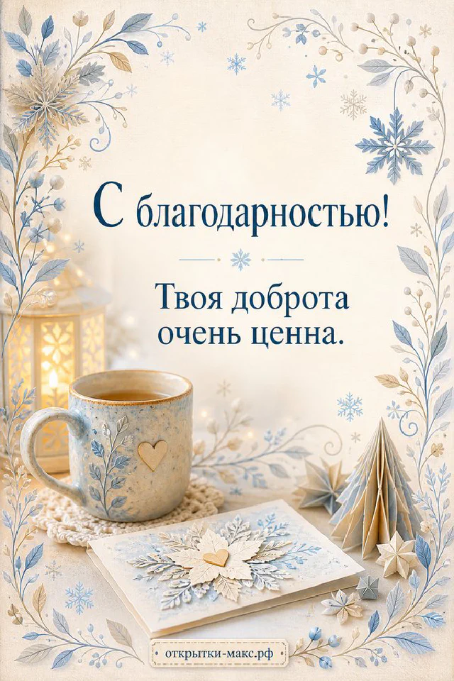 Голубая зимняя открытка с надписью «С благодарностью! Твоя доброта очень ценна», рядом чашка кофе, свеча и белые цветы — вариант 4