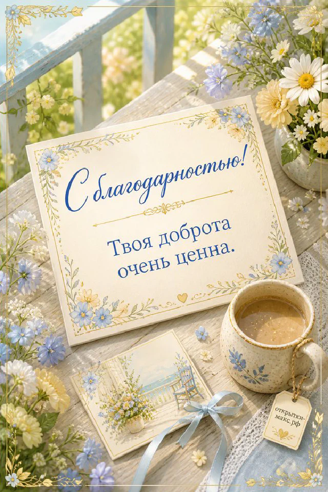 Голубая зимняя открытка с надписью «С благодарностью! Твоя доброта очень ценна», рядом чашка кофе, свеча и белые цветы — вариант 6