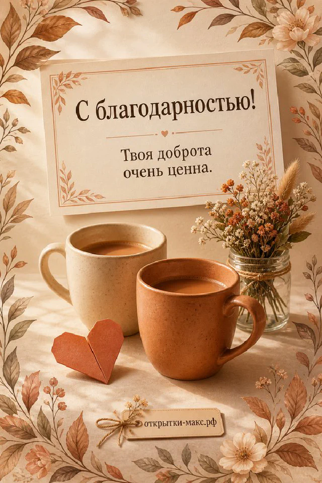 Голубая зимняя открытка с надписью «С благодарностью! Твоя доброта очень ценна», рядом чашка кофе, свеча и белые цветы — вариант 3