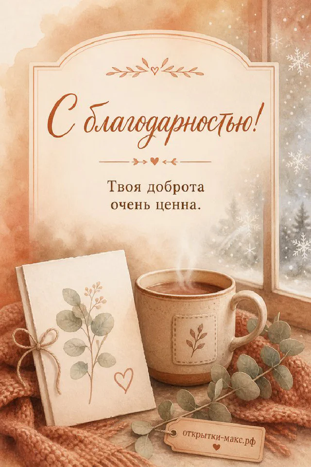Голубая зимняя открытка с надписью «С благодарностью! Твоя доброта очень ценна», рядом чашка кофе, свеча и белые цветы — вариант 5