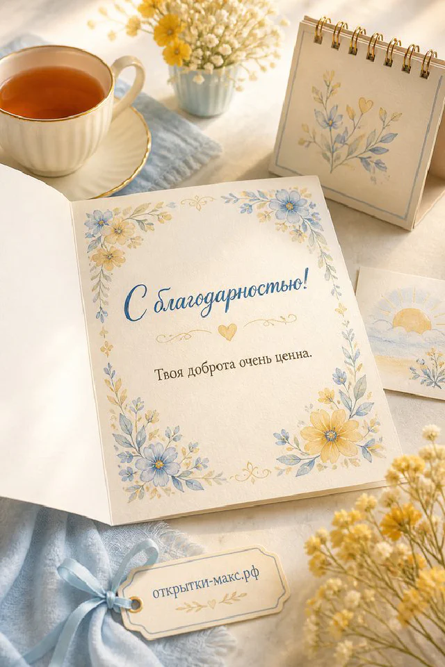 Голубая зимняя открытка с надписью «С благодарностью! Твоя доброта очень ценна», рядом чашка кофе, свеча и белые цветы — вариант 7