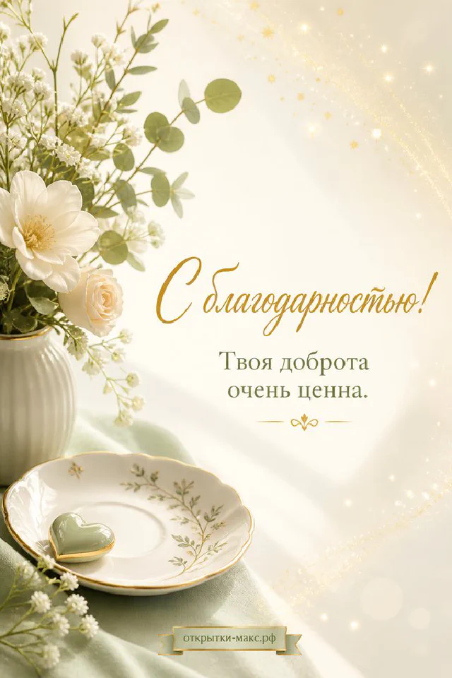 Голубая зимняя открытка с надписью «С благодарностью! Твоя доброта очень ценна», рядом чашка кофе, свеча и белые цветы — вариант 8