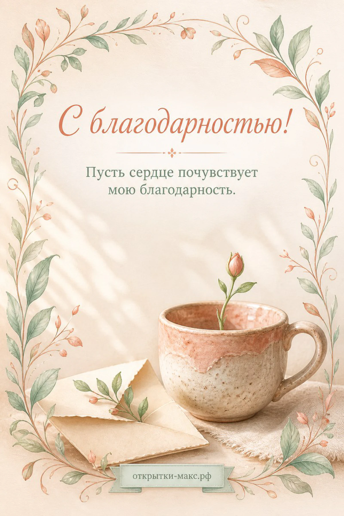 Акварельная открытка «С благодарностью!» с розовой кружкой кофе, бутоном розы и конвертом в листьевой рамке