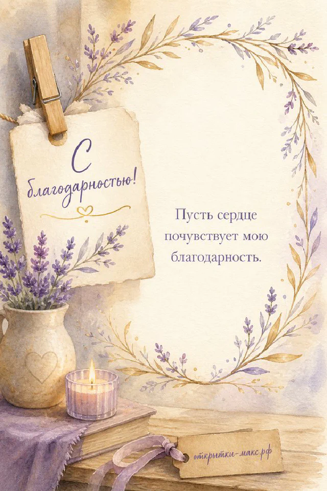 Акварельная открытка «С благодарностью!» с розовой кружкой кофе, бутоном розы и конвертом в листьевой рамке — вариант 2