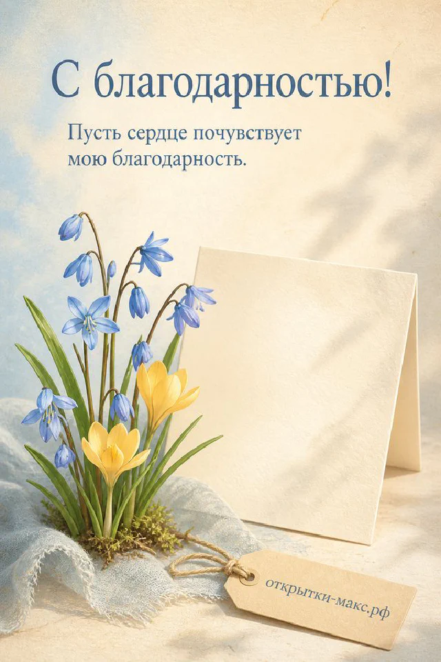 Акварельная открытка «С благодарностью!» с розовой кружкой кофе, бутоном розы и конвертом в листьевой рамке — вариант 3