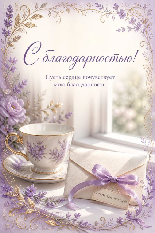 Акварельная открытка «С благодарностью!» с розовой кружкой кофе, бутоном розы и конвертом в листьевой рамке — вариант 5